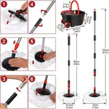Spin Mop And Bucket With Wringer Set On Wheels, 360 Spinning Mop With Stainless Steel Handle For All Hard Surfaces, Floor Cleaning System With 3 Microfiber Replacement Heads, Black/Red - Black - View 4