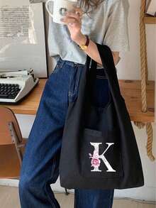 1入組印花肩帶手提包，26個字母購物袋，大容量收納肩背包適用於女士，超市手提袋，可重複使用收納袋，旅行野餐包，沙灘包，Y2k風肩帶包，適用於工作、通勤、返校、中學、高中、大學、度假等場合。 - 黑色 - 查看 4