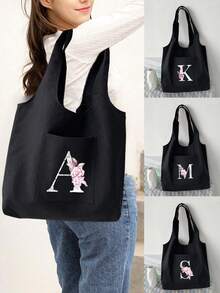 1入組印花肩帶手提包，26個字母購物袋，大容量收納肩背包適用於女士，超市手提袋，可重複使用收納袋，旅行野餐包，沙灘包，Y2k風肩帶包，適用於工作、通勤、返校、中學、高中、大學、度假等場合。 - 黑色 - 查看 1