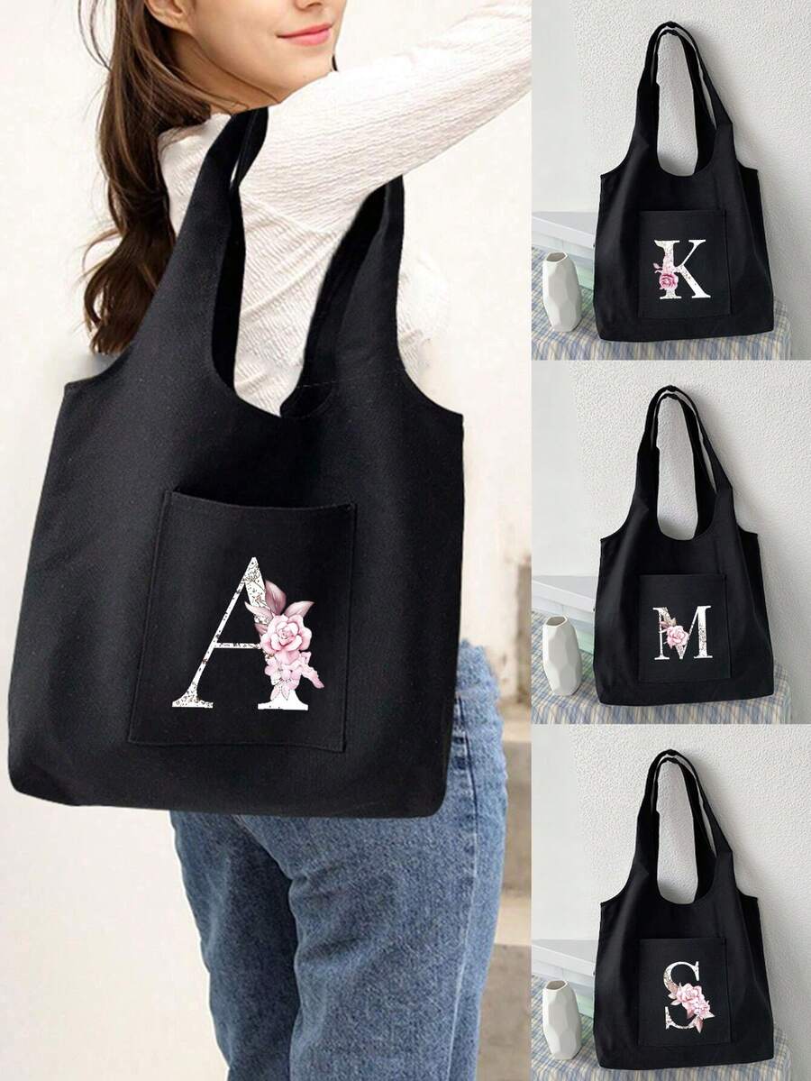 1入組印花肩帶手提包，26個字母購物袋，大容量收納肩背包適用於女士，超市手提袋，可重複使用收納袋，旅行野餐包，沙灘包，Y2k風肩帶包，適用於工作、通勤、返校、中學、高中、大學、度假等場合。 - 黑色 - 查看 1