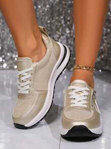 女士轻便拉链休闲运动鞋，透气时尚运动鞋，耐用舒适，秋季新品 - 金色 - 查看 3