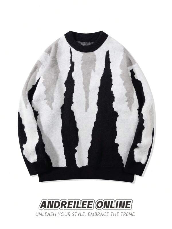 ANDREILEE Heren Street Style Zwart-Wit Zebra Gestreepte Trui met Lange Mouwen, Lente Herfst en Winter, Unisex, Losse pasvorm, Casual, Veelzijdig, Matchend, Eenvoudige, Elegante Gebreide Trui