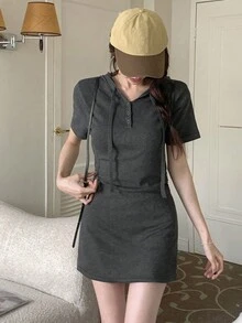Korean Style Casual Short Sleeve Hooded Drawstring Design Unique Dress Summer Elegant - Grey - View 6