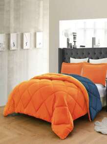 3PC Reversible 2-Tone Comforter Set With 2 Pillow Shams - 2 Different Colors! Duvet Insert - Orange & Navy - View 2