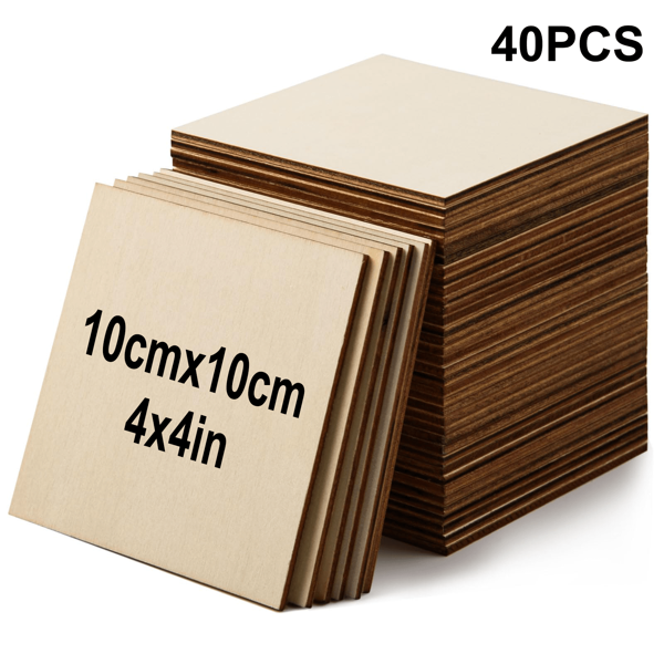 10/20/40pcs 4x4 Inch Wood Squares For Crafts Unfinished Wood Pieces 0.08Inch Thick Blank Basswood Sheets Natural Wood Square Cutouts Slices For Crafts Painting Scrabble Tiles Architectural Model