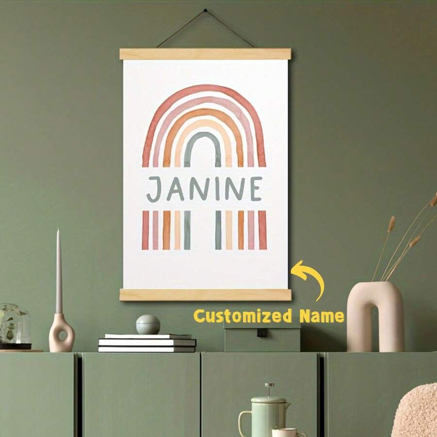 1 件定制名称木制框架挂轴画，个性化彩虹名称墙艺术帆布海报，创建您自己的彩虹墙海报，悬挂木制彩虹海报，客厅和卧室的定制家居装饰，生日、节日、万圣节和圣诞节的理想礼物，为您的爱人、家人、孩子和宠物定制 - 彩色 - 查看 1