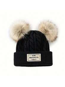 قبعة محبوكة ذات كرات صوفية مزدوجة بطبعة حرف بروكلين للنساء، قبعة شتوية دافئة للخارج