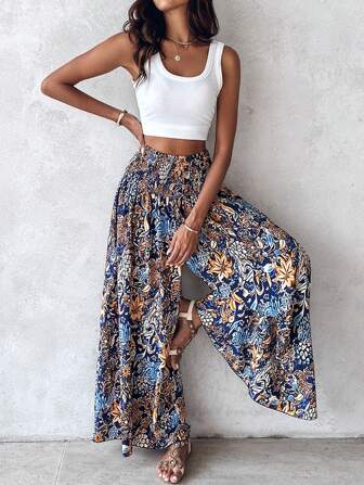 ChicMe 波西米亚风花卉印花褶皱高腰阔腿裤复古修身休闲日常长裤