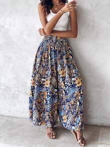 ChicMe 波西米亚风花卉印花褶皱高腰阔腿裤复古修身休闲日常长裤 - 藍色 - 查看 5