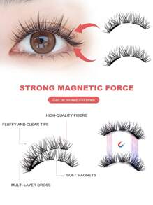 3 Pairs Magnetic False Eyelashes Kit With Mirror & Applicator Glue-Free Eyelashes Natural Manga Eyelashes Cat Eye Fluffy Faux Mink Eye Lashes With Tweezers Makeup Tool For Beauty Travel - 黑色 - 查看 4