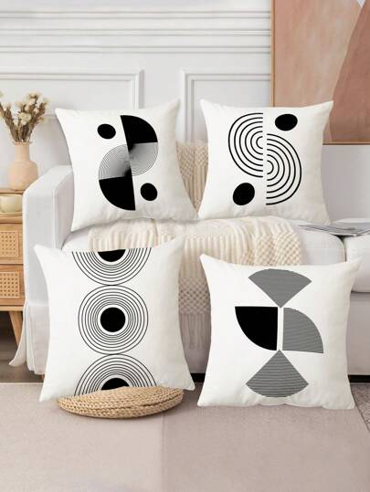 4قطع أغطية وسادة بطباعة هندسية (لا يشمل الحشوات)، أغطية وسادة زخرفية مطبوعة من جانب واحد ناعمة ومريحة لغرفة النوم والمعيشة والأريكة وديكور الحفلات