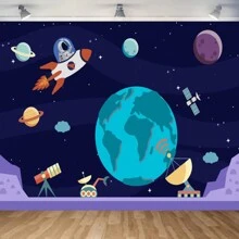 1pc Purple Moon Astronaut Themed First Birthday Party Photography Backdrop Background Cloth - Multicolor - View 14