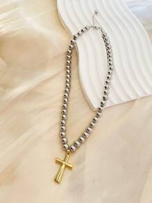 1入特殊嘻哈風格金鍍吊墜，配8mm珠子項鏈，適合日常佩戴 - 十字符串珠項鍊 - 查看 6