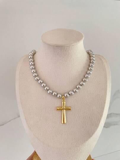1pc Unique Hip Hop Style Gold Plated Cross Pendant With 8mm Bead Necklace For Daily Wear