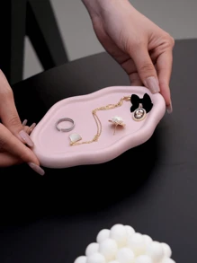 1pc Asymmetrical Ceramic Jewelry Dish For Desktop Ring, Necklace, Earrings Collection Storage And Display Tray, Gift For Valentine's Day - Pink - View 9
