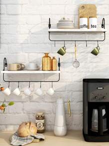SUMGAR Coffee Mug Holder, Coffee Bar Shelf With Hooks Wall Mount Cup Organizer Mug Racks Coffee Pods Storage Hanger, Farmhouse Kitchen Decor Coffee Bar Accessories, Black And White - 白色 - 查看 4