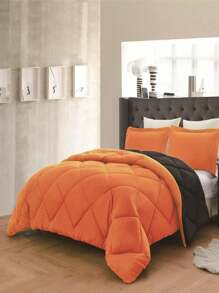 3PC Reversible 2-Tone Comforter Set With 2 Pillow Shams - 2 Different Colors! Duvet Insert - Orange & Black - View 2