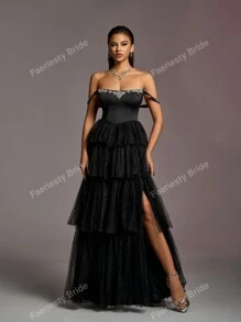 Faeriesty Vrouwen Formele & Avondjurken Zwarte Elegante Prom Bruiloft Gastjurk, Voor Afstuderen, Diner