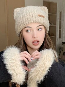 1pc Women Winter Knit Beanie Hat, Cute Cat Ear Design Thick Warm Rolled Cuff Ski Cap For Daily Wear - View 7