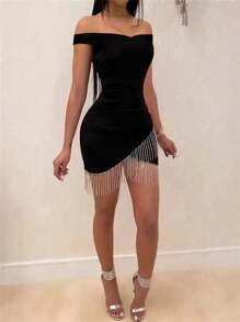 Off Shoulder Fringed Elegant Sexy Solid Color Cocktail Party Dress, Spring/Summer - Black - View 1