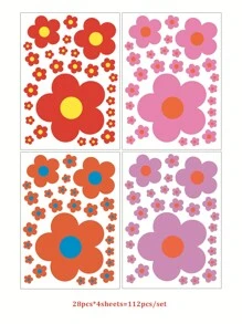 4 张（112 件）/套可爱彩色花朵自粘墙贴即时贴花适用于幼儿园儿童房墙壁装饰乙烯基贴花、卧室装饰、房间装饰品、万圣节装饰、秋季装饰、教室装饰、可移除贴纸、贴纸、墙贴花、乙烯基贴花用于家庭装饰、春季装饰品刷新您的家、拉玛装饰贴纸礼物生日毕业