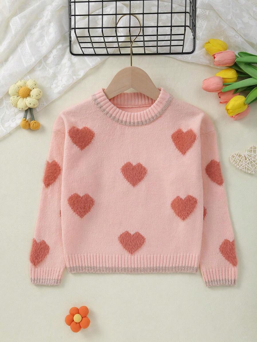 Girls' Valentine's Heart Pattern Long Sleeve Knit Pullover Sweater - Pink - View 1