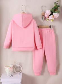 Young Girl Fleece Graphic Print Casual Sweatsuit Set, Autumn/Winter - Pink - View 2