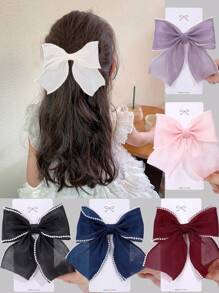 1 件女童粉白色蝴蝶结发夹，带珍珠边缘的优雅蕾丝蝴蝶结发夹，女童节日婚礼派对日常带尾巴的鳄鱼夹，儿童发饰（产品不含卡片）