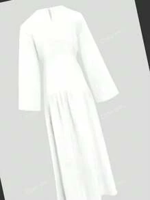 Women Long Dress With Round Collar And Wide Waist Belt, Casual Holiday Attire