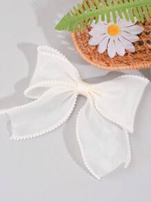 1 件女童粉白色蝴蝶结发夹，带珍珠边缘的优雅蕾丝蝴蝶结发夹，女童节日婚礼派对日常带尾巴的鳄鱼夹，儿童发饰（产品不含卡片）