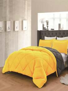 3PC Reversible 2-Tone Comforter Set With 2 Pillow Shams - 2 Different Colors! Duvet Insert - Yellow & Gray - View 2