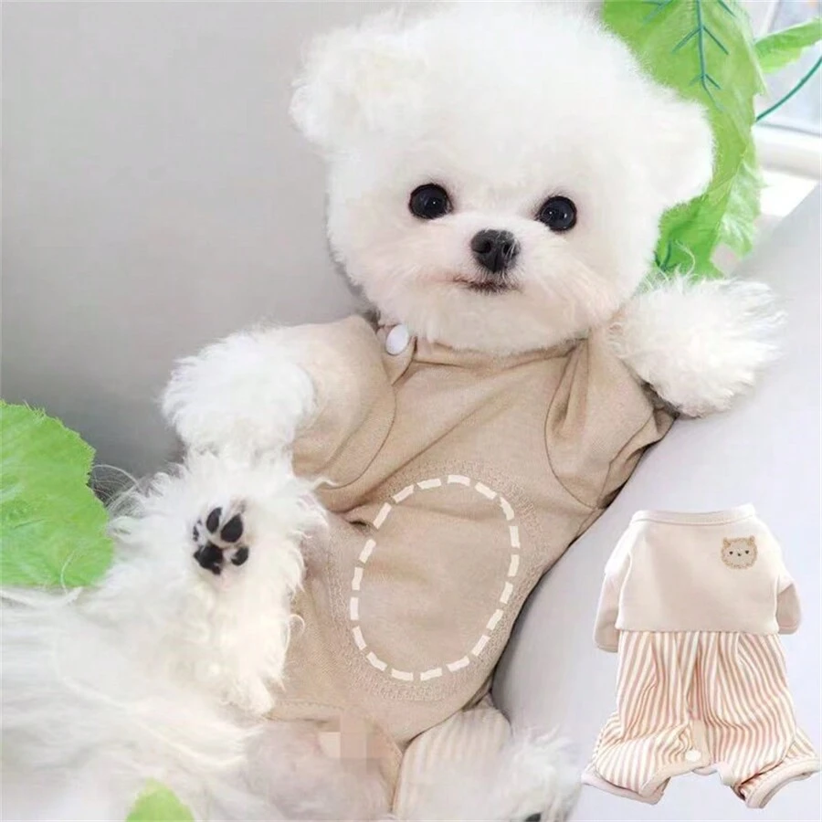 条纹拼布连帽狗狗连体衣,柔软舒适保暖刺绣服装,适合中小型犬,秋冬季 - 米色 - 查看 1