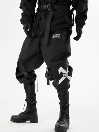 Harajuku Dark Functional Paratrooper Pants, Men's Casual Patchwork Tactical Trousers Cargo Pants With Elastic Ankles And Multiple Pockets