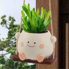 1入光澤搖擺笑臉盆栽花盆，小型室內外掛盆，可愛的多肉植物掛花盆，適用於串珠植物，愉悅的樹脂多肉植物盆 - 多色 - 查看 9