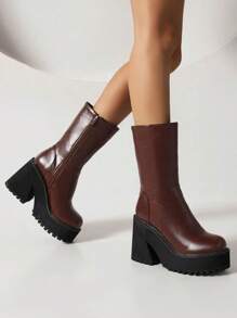 Women Combat Boots Platform Chunky High Heeled Zipper Ankle Design Brand Punk Gothic Motorcycle Shoes 2025 Winter Halloween Boots - 棕色 - 查看 4
