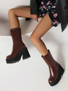 Women Combat Boots Platform Chunky High Heeled Zipper Ankle Design Brand Punk Gothic Motorcycle Shoes 2025 Winter Halloween Boots - 棕色 - 查看 6