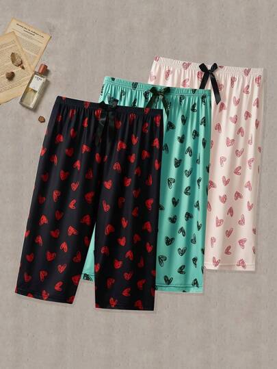 3pcs Women's Casual Sleep Pants, Plus Size Heart Print Bow Elastic Waist Loose Pajama Capri Pants