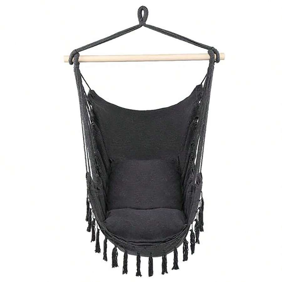 Hammock Chair Macrame Swing,Distinctive Cotton Canvas Hanging Rope Chair With Pillows For Indoor And Outdoor Use - 黑色 - 查看 1