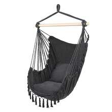 Hammock Chair Macrame Swing,Distinctive Cotton Canvas Hanging Rope Chair With Pillows For Indoor And Outdoor Use - 黑色 - 查看 2