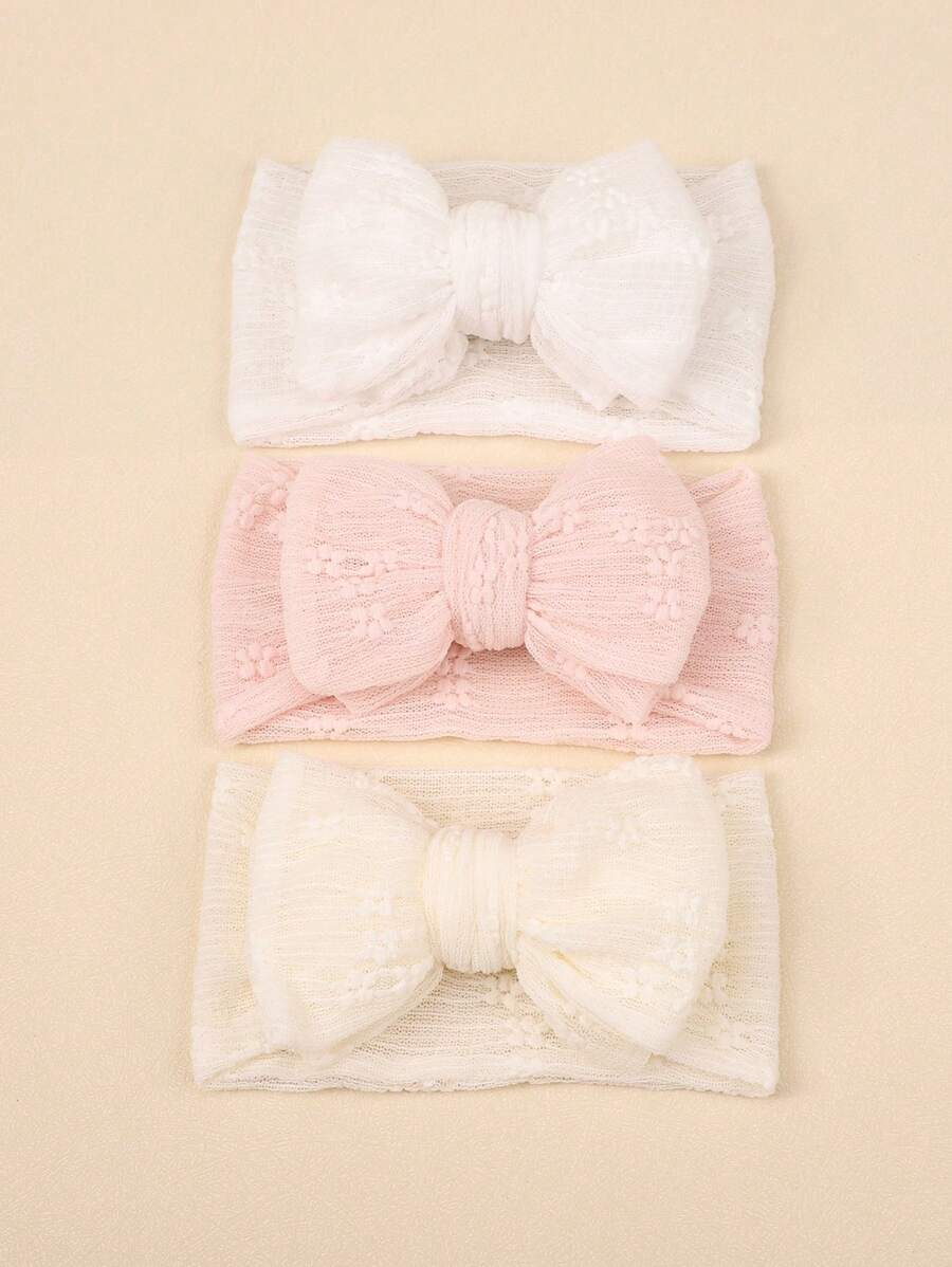 3 Stück Baby Mädchen süße weiche Jacquard Mesh Spitze Doppelschleife Stirnbänder, Boho Stil, geeignet für alle Jahreszeiten - Verschiedenfarbig - Übersicht 1