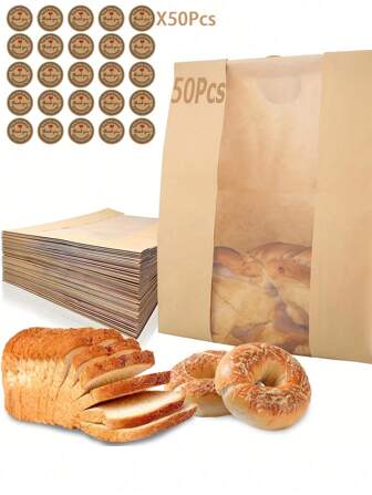 100pcs High Capacity Bread Bags (50 Bread Bags + 50 Stickers), Suitable For Homemade Bread Bags, Transparent Window Bread Loaf Bags, Ideal For Packaging And Storage Of Bakery Products For Bakers (Can Purchase Small Quantities Of 10/25 Pieces)
