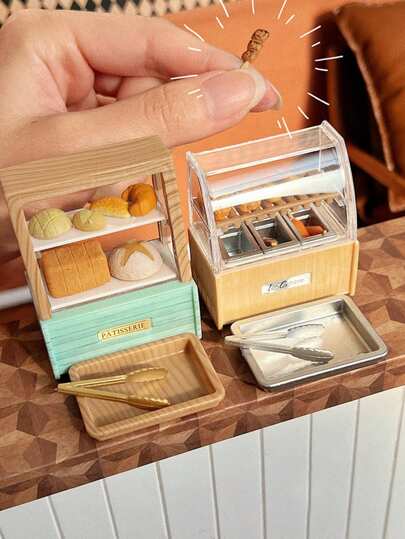 1/12比例微缩面包店展示柜，各种逼真的微型食品摊位，超市购物，咖啡馆场景装饰模型（部分随机）