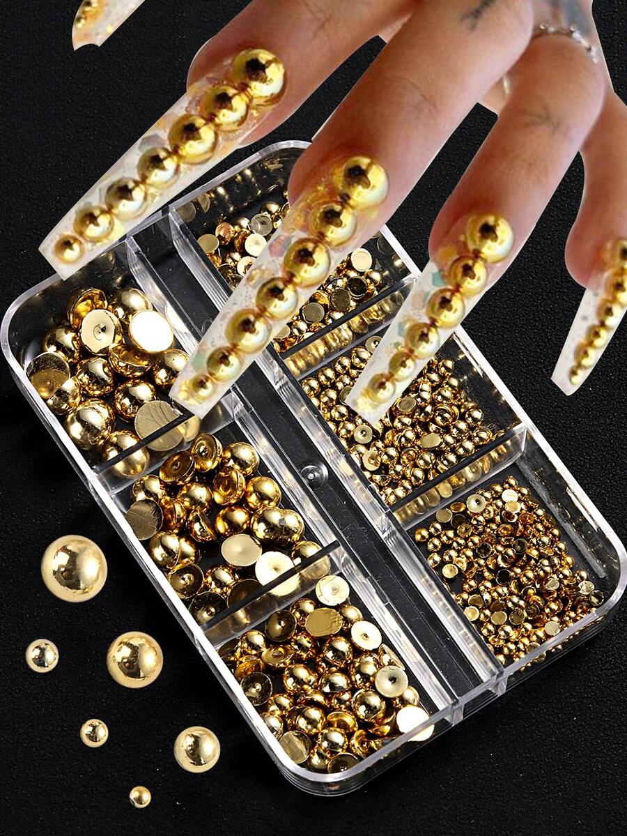 Medias esferas doradas para uñas, cuentas pequeñas, perlas planas con respaldo de cristal de cuarzo para decoración de uñas y manicura, accesorios DIY, joyería de uñas, adornos Y2K para chicas a la moda - Dorado - Ver 1