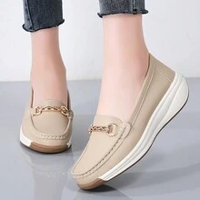 Summer Soft Moccasin Shoes For Women, Platform Slip-On Casual Thick Bottom Middle-Aged Loafers - Beige - View 5