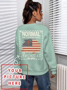 Presente de Natal & Ação de Graças, Moletom de Gola Redonda Personalizado para Mulheres - Adicione Sua Própria Foto (Retrato de Família/Selfie), Presente de Aniversário Casual - Verde - Visão 3