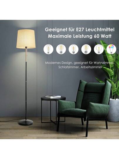 Vloer Lamp Linen Lampshade, E27 Base, Max. 60W, Living Room Lamp, Fabric Shade 170cm Height Room, Bedroom, Study, Office, out Bulb view 5