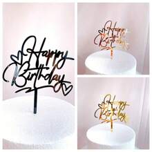 1 件/3 件/6 件，生日快乐双心亚克力蛋糕卡插件，生日蛋糕装饰，甜点桌装扮用品，蛋糕装饰用品，烘焙装饰用品，生日派对装饰用品，圣诞节 - 金色 - 查看 4