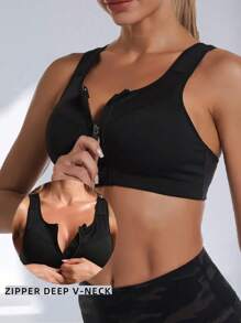 Women's Zip Front Sports Gym Bra Shockproof High Support Workout Tank Top Adjustable Straps Non Wired Running Yoga Fitness Vest