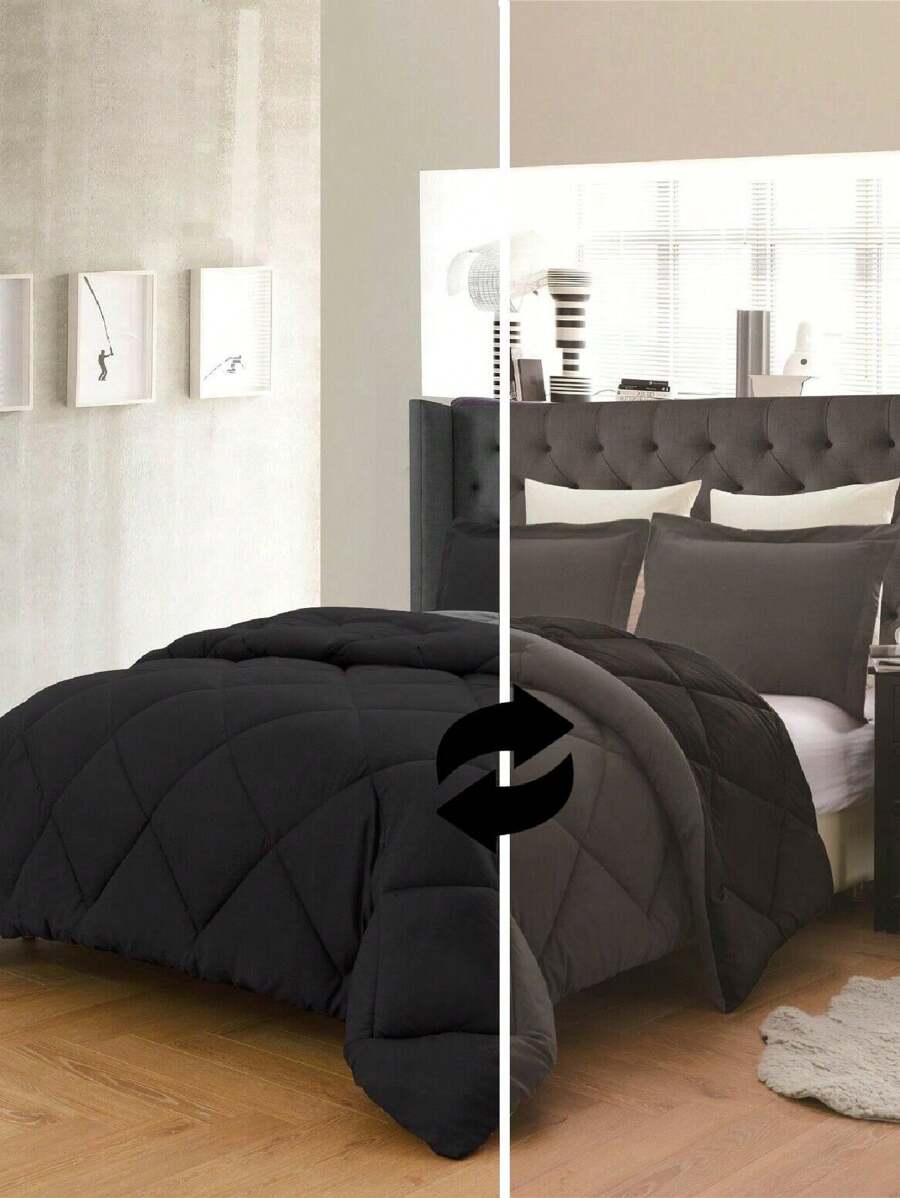 3PC Reversible 2-Tone Comforter Set With 2 Pillow Shams - 2 Different Colors! Duvet Insert - Black & Gray - View 1