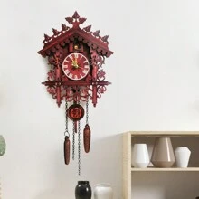 Cuckoo Clock Vintage House Shape Cuckoo Clock Central Seconds Movement Retro Wall Clock Made Of MDF For Living Room, Bedroom Decoration Clock, Red - Red - View 4